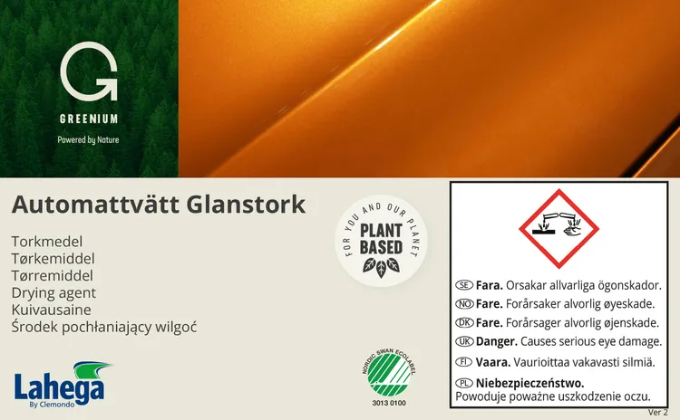 Bruksetikett Lahega Greenium Automattvätt Glanstork