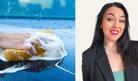 En hand som tvättar en bil och ett porträtt på Veronica Sköld, CSO på Clemondo