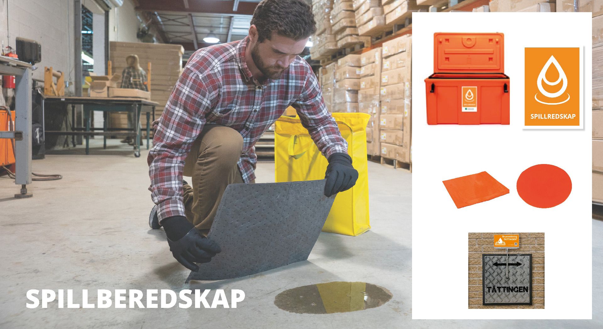 En man som lägger en absorbent över en fläck